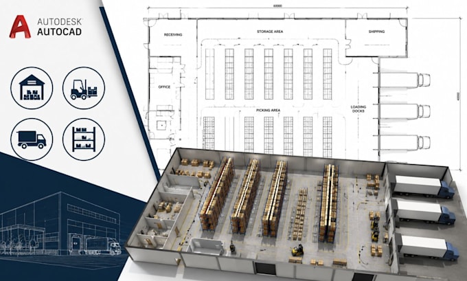 create logistics facility layout, warehouse plan and autocad drawings