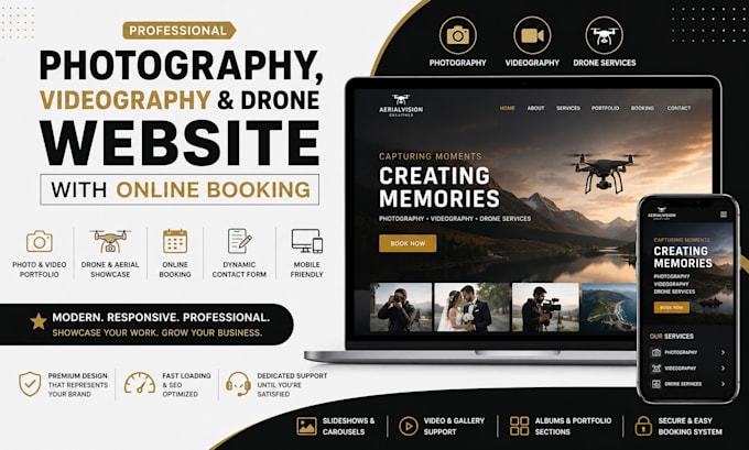 create photography, videography and drone website with online booking