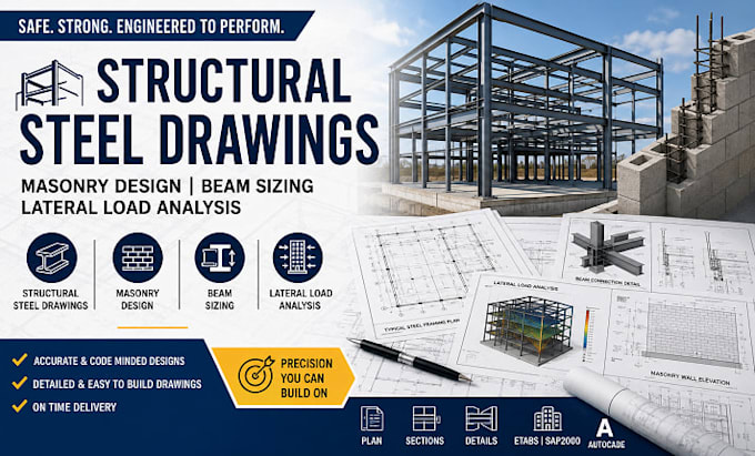 provide structural steel drawings, masonry design, beam sizing and lateral plans