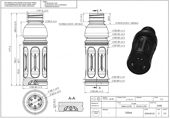 create professional bottle technical drawings and cad designs for manufacturing