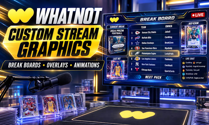 design custom whatnot break boards, overlays and stream graphics