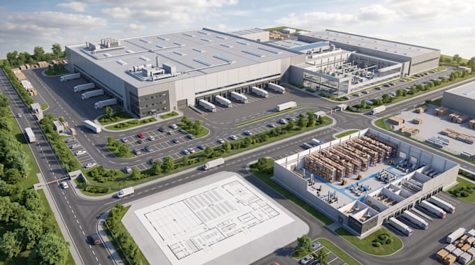 design warehouse factory layout, industrial building and 3d model