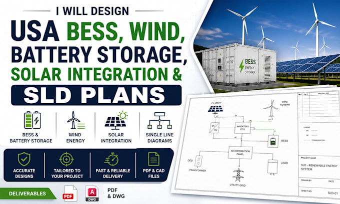 design USA bess, wind, battery storage, solar integration and sld plans