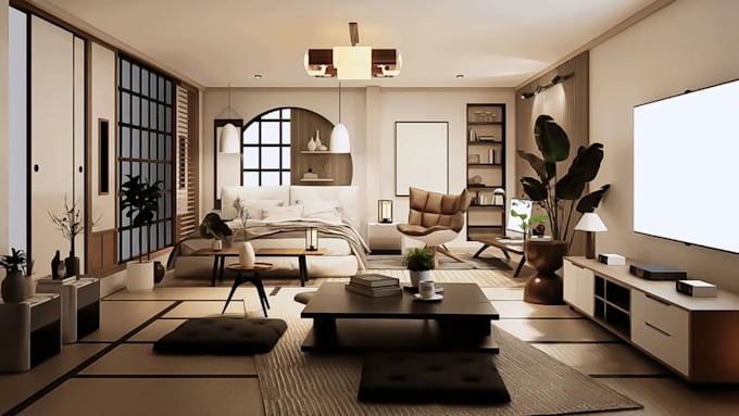 create 2d and 3d japandi wabi sabi interior design