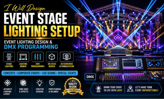design event stage lighting setup, event lighting design and dmx programming