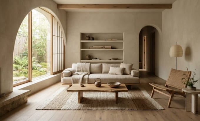 design japandi wabi sabi interior with photorealistic 3d rendering