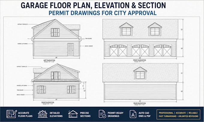 create garage floor plans, elevations and sections for city permit approval