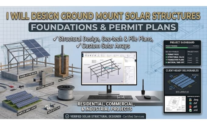 design ground mount solar structures, foundation and permit plans
