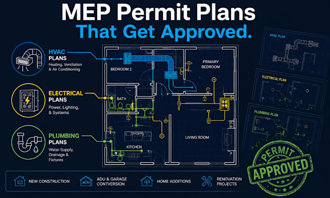 create residential mep, hvac electrical plumbing design, permit plans