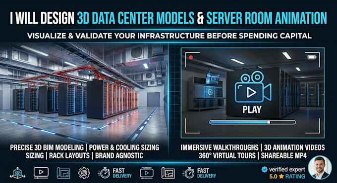 design 3d data center models and server room 3d animation walkthrough