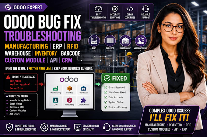 odoo bug fix manufacturing erp rfid warehouse inventory barcode custom module