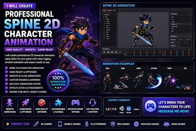 create professional spine 2d character animation for games