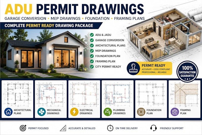 create adu permit drawings garage conversion mep foundation and framing plans