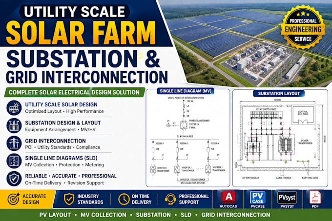 design utility scale solar farm, substation and grid interconnection