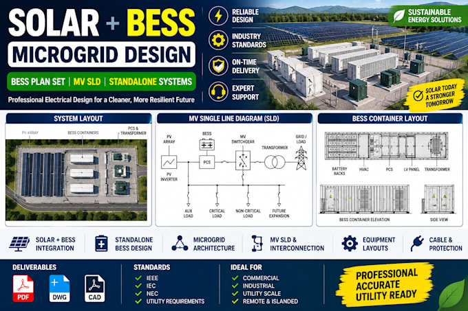 design solar bess microgrid, standalone battery plan set and mv sld
