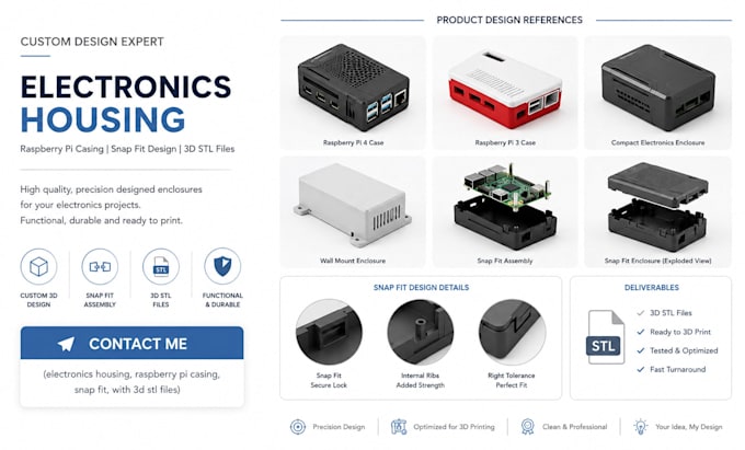 design electronics housing, raspberry pi casing, snap fit, with 3d stl files