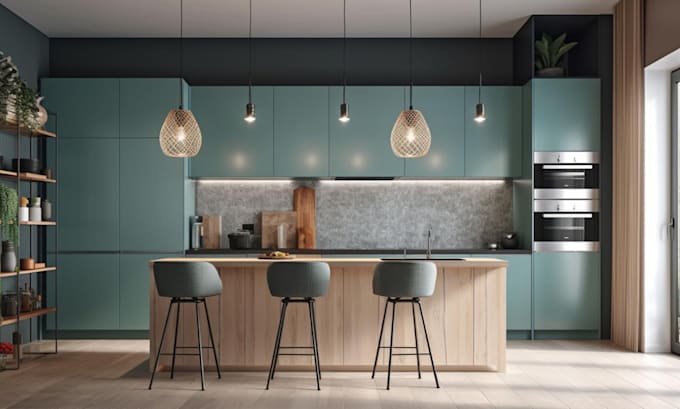create custom 3d kitchen design, cabinet layout and 3d rendering