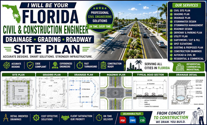 be your florida civil, construction engineer  drainage grading roadway site plan