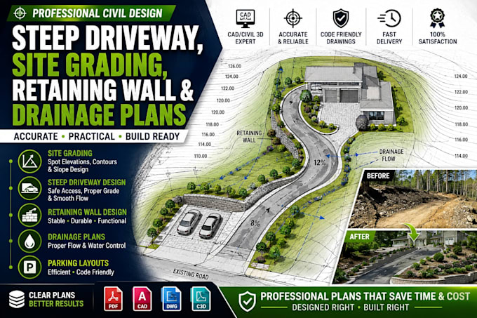design steep driveway, site grading, retaining wall and drainage plans