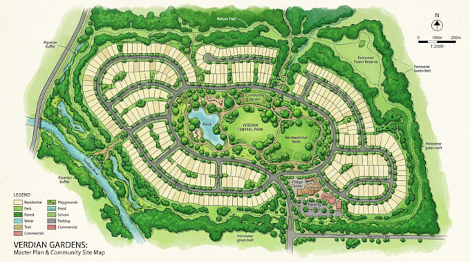 create a 2d colored site plan rendering or master plan illustration plot map