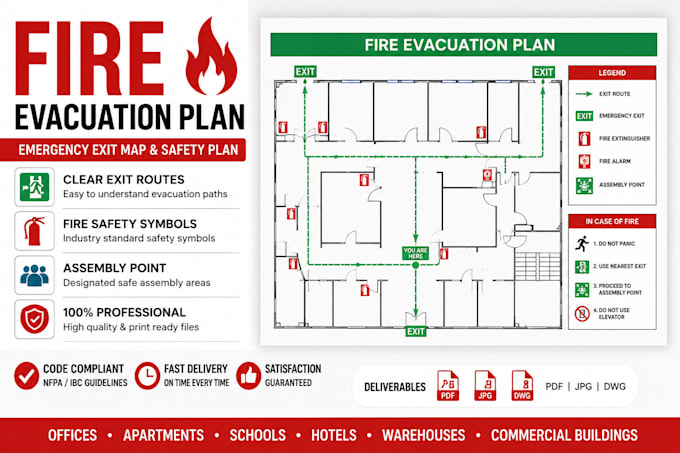 design a professional fire evacuation plan, exit map and safety plan