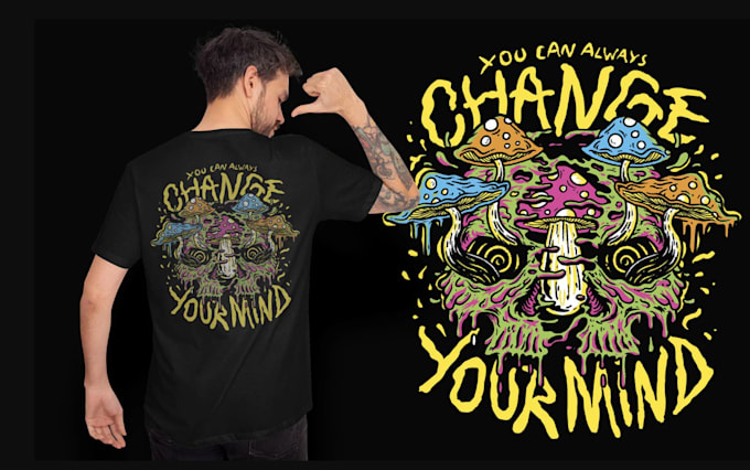 create retro hippie mushroom logo psychedelic t shirt design