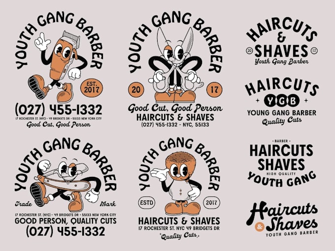 create modern barbershop, badge and typography logo