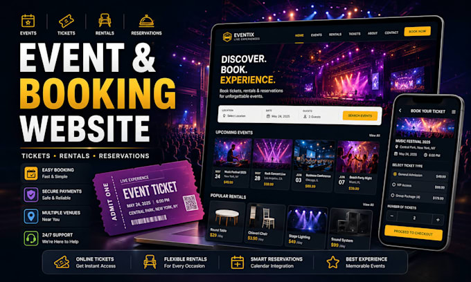 design event website, rental website,ticket website, event booking website