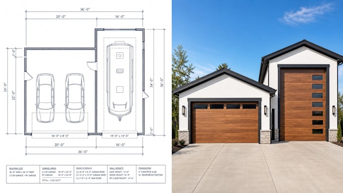 draw detached garage and rv garage plans permit ready blueprints