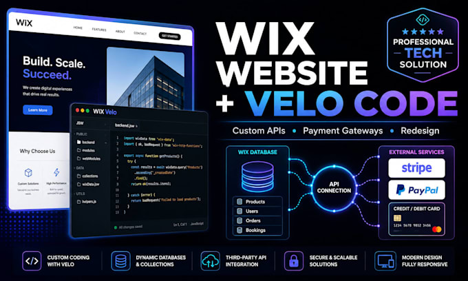 develop wix website, velo code, API and payment integration