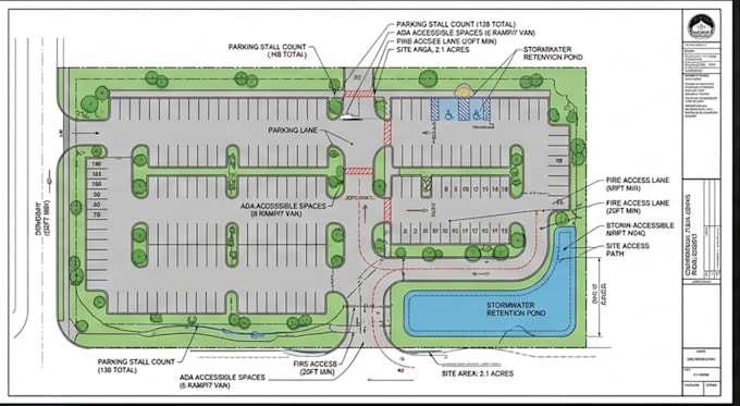 design code compliant parking lot layouts and site plan