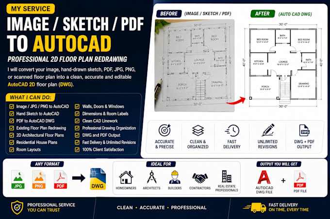 convert image sketch PDF to autocad floor plan dwg