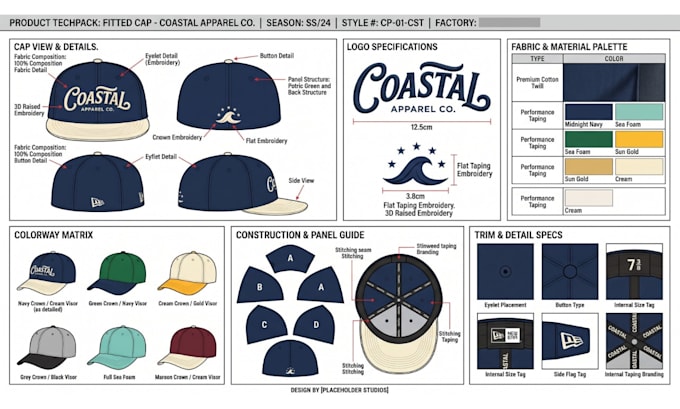 fashion design cap tech pack panel dad snapback bucket hat tech pack cap design
