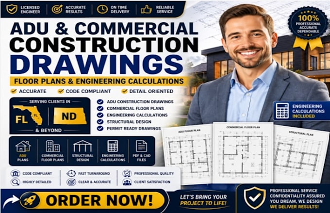 prepare fl nd adu construction drawing commercial floor plans engineering report