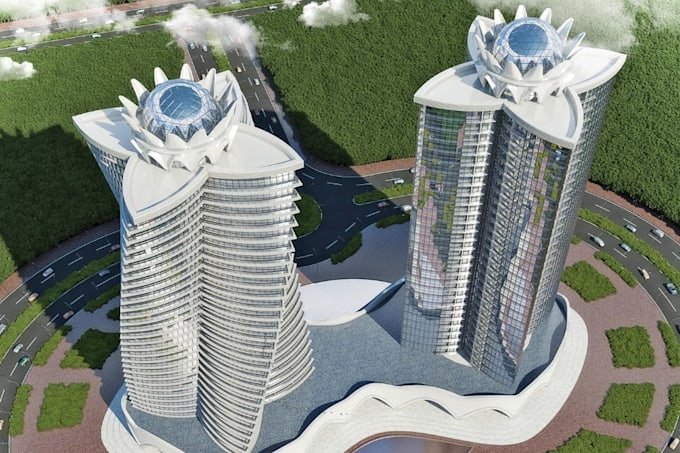 rebuild high rise apartment, building concept 3d render, waterfront property cgi
