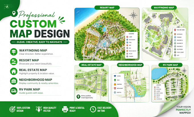 design wayfinding map, resort map, real estate map, neighborhood map, rv park