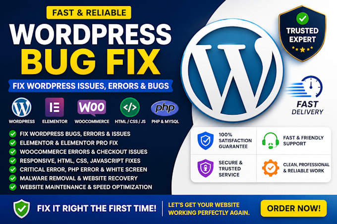 fix wordpress wordpress bugs, errors, woocommerce and wordpress elementor issues