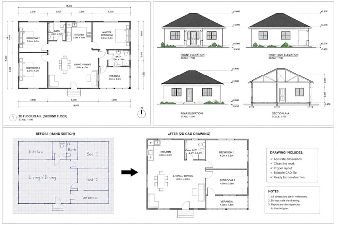 create professional 2d cad floor plans and technical drawing
