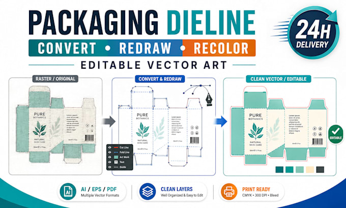 convert redraw and recolor your packaging dieline artwork as editable vector