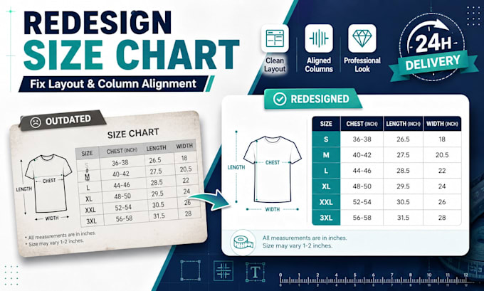 redesign your outdated size chart and fix layout and column alignment