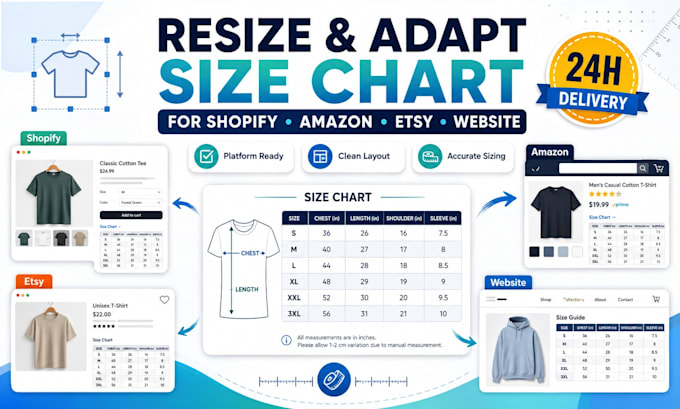 resize and adapt your size chart for shopify amazon etsy or website