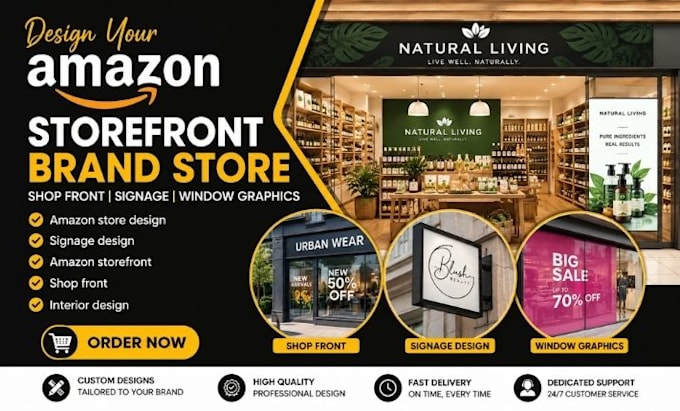 design your amazon storefront brand store, shop front, signage, window graphics