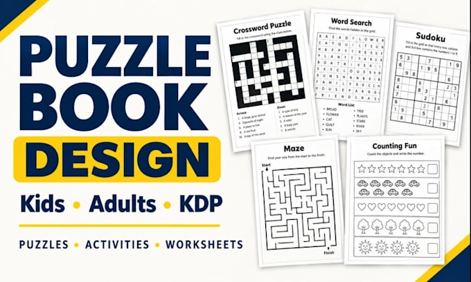 design activity book, crossword, word search puzzle, kid and adult coloring book