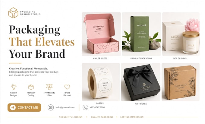 design product packaging, mailer boxes, labels, gift boxes, and box designs