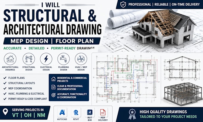 structural and architectural drawing mep design floor plan in vt oh nm