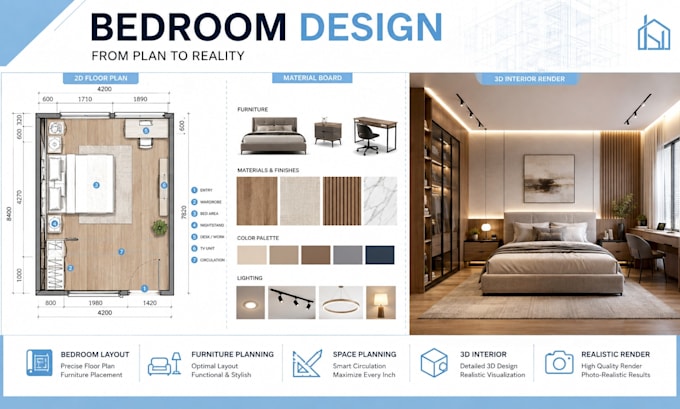 design bedroom apartment layout, space plan with furniture and 3d visualization