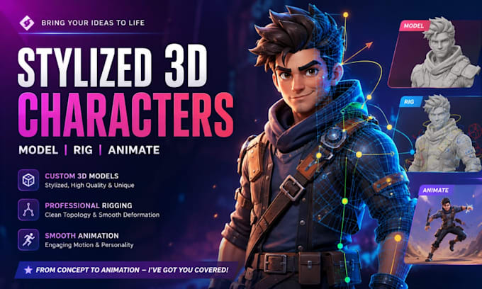 design stylized 3d characters with rigging and animation