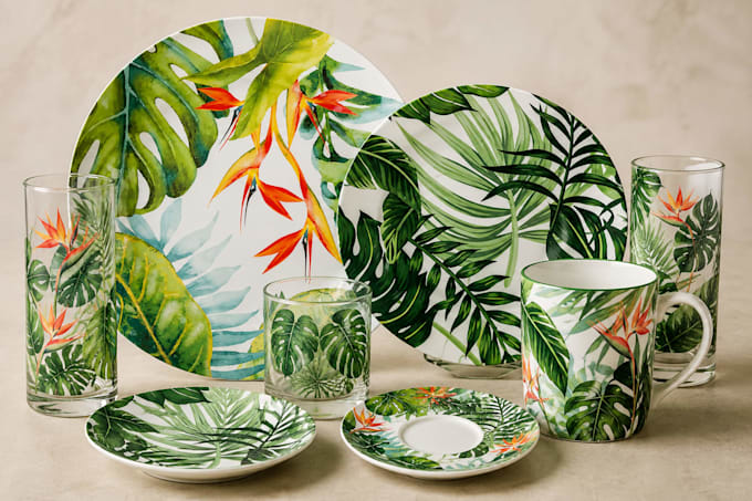 make tableware botanical ceramic designs, plates, mugs, cups