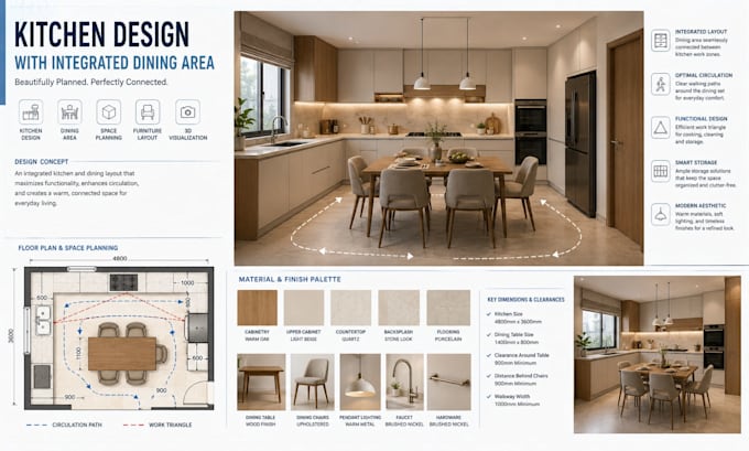 design kitchen that is integrate with dining room interior with 3d visualization
