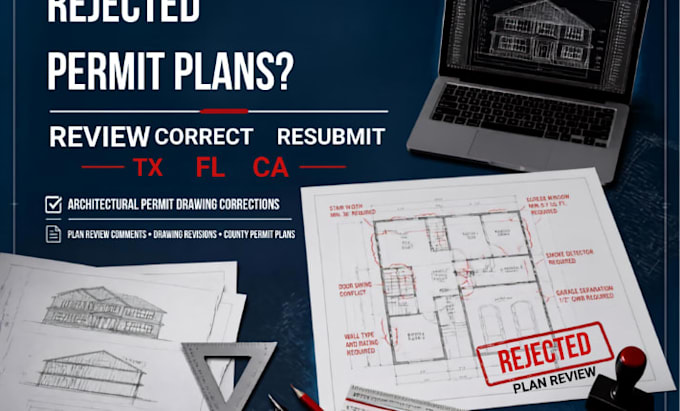 review rejected permit blueprints and correct county permit plans tx fl ca